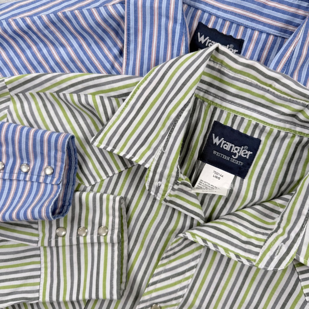 Lot of 2 Vintage Wrangler Pearl Snap Western Shirts Men Large Stripe Lightweight